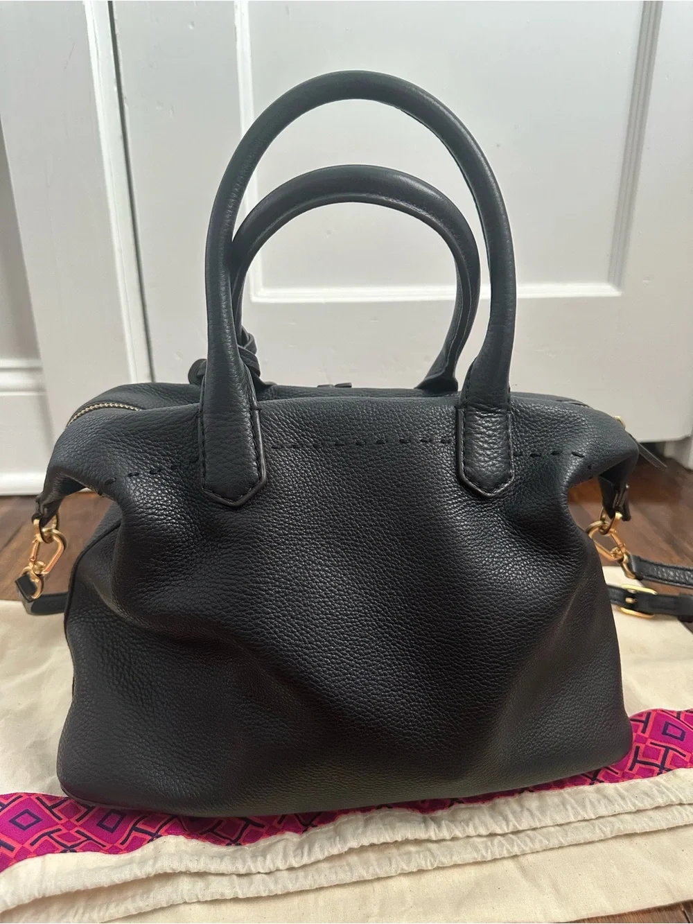 Tory Burch McGraw Pebbled Leather Slouchy Satchel Crossbody Bag Black